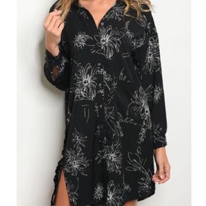 Black Floral Print Shirtdress With Lace Up Detail